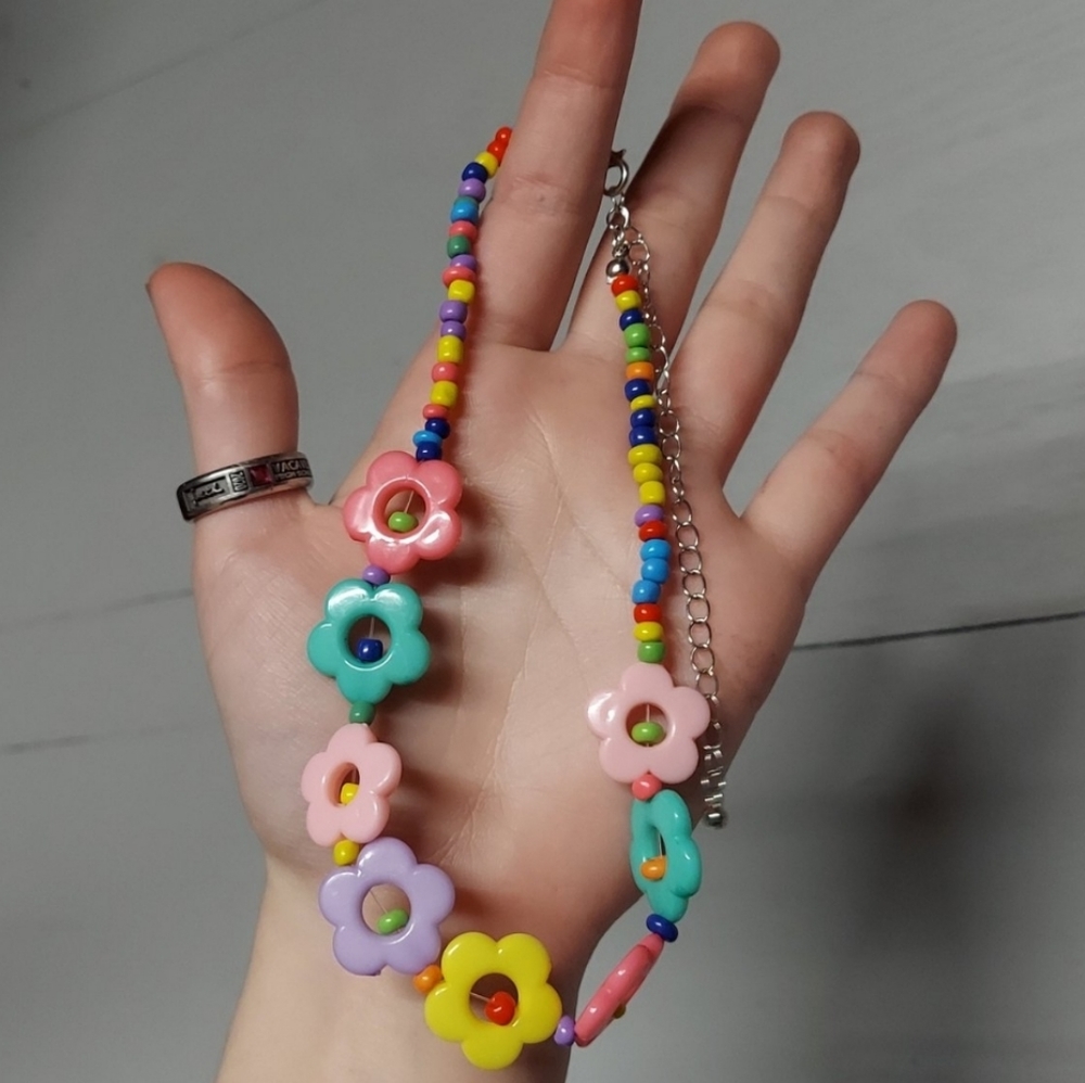 Rainbow beaded flower choker